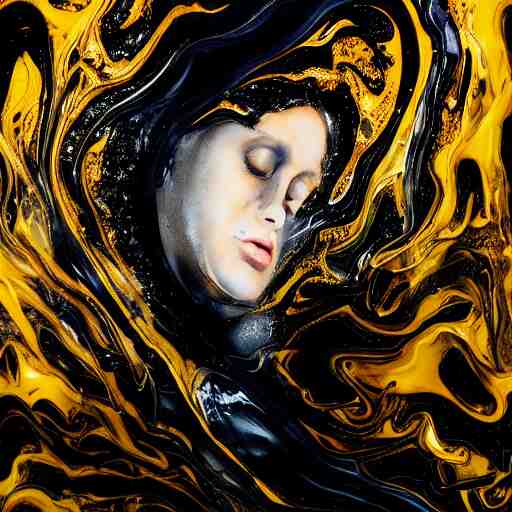 two female bodies melting liquid acrylic painting abstract in glass and black latex fluid, black paint, female face, woman body, hypperrealistic, bokeh, long exposure, close up portrait, fantasy concept art, epic light, clouds, god rays, heaven, art noveau, artistic sketch, dark mood, film still, swirly body painting, golden filigree 