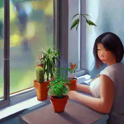 a cozy cute cafe with a window and plants, a young pretty filipino woman sits with an espresso, golden morning light, dramatic light, happy cozy feelings, oil painting trending on artstation 