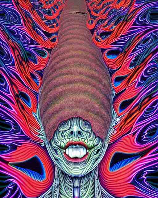 human body breaking away, conjuring psychedelic illustration, part by shintaro kago, part by alex gray, ultra realistic, highly detailed, 8 k, symmetry, fractals, grotesque, vibrant 