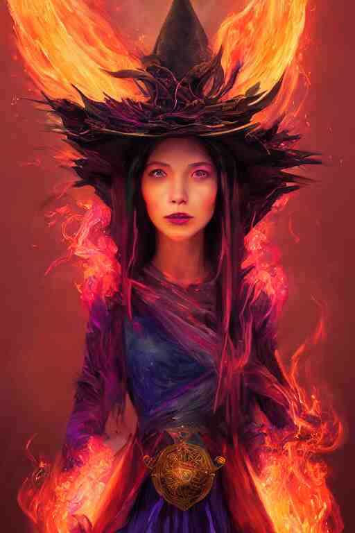 a fancy portrait of a beautiful dark magician women wearing a great witches hat covered in colourfull flames by Greg Rutkowski, Sung Choi, Mitchell Mohrhauser, Maciej Kuciara, Johnson Ting, Maxim Verehin, Peter Konig, final fantasy , mythical, 8k photorealistic, cinematic lighting, HD, high details, atmospheric,