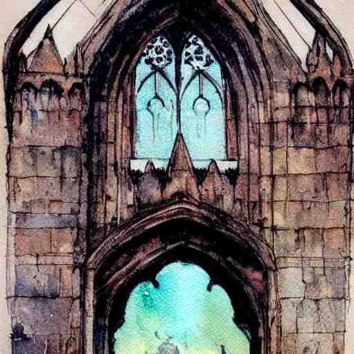 (((((((watercolor sketch of Gothic revival castle gatehouse. painterly, book illustration watercolor granular splatter dripping paper texture. pen and ink))))))) . muted colors. by Jean-Baptiste Monge !!!!!!!!!!!!!!!!!!!!!!!!!!!!!!!!!!!!!!!!