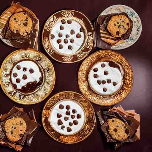 opulent banquet of plates of freshly baked chocolate chip cookies, delicious, glistening, chocolate sauce, marshmallows, highly detailed, food photography, art by rembrandt 