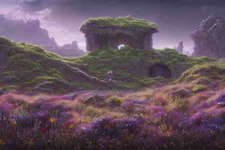 Brutalist Shiro, fantasy landscape, Eden at Dawn, gleaming morning cinematic lighting, amazing cinematic concept painting,  by Jessica Rossier,  Himeji Rivendell  Garden of Eden valley, wildflowers and grasses, terraced orchards and ponds, lush fertile fecund, fruit trees, birds in flight, animals wildlife, beksinski