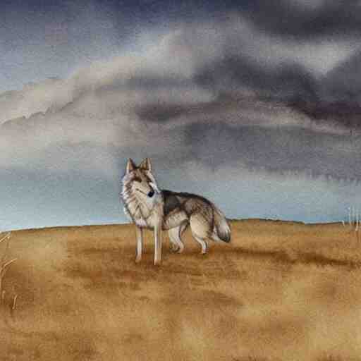 wide portrait of a wolf in a beautiful natural scene. heath, sand dune, dry grass and trees. beautiful light, dramatic clouds. soft colour scheme. beautiful artistic detailed watercolor illustration by lurid ( 2 0 2 2 ). 