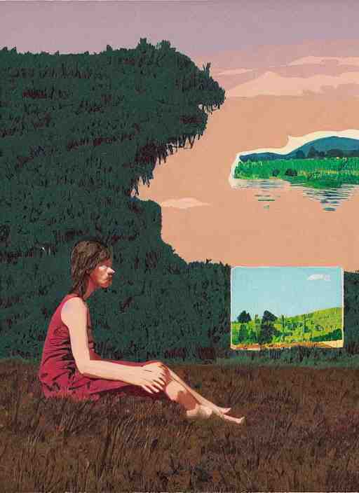 composition by justine kurland, a up - close portrait of girl friends sitting in a scenic representation of mother nature and the meaning of life by billy childish, thick visible brush strokes, shadowy landscape painting in the background by beal gifford, vintage postcard illustration, minimalist cover art by mitchell hooks 