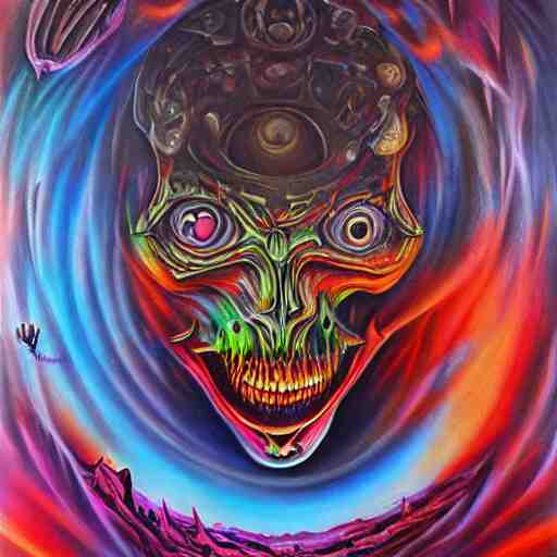 the second layer of hell, airbrush art, shamanic dmt horror art, by basuki abdullah 