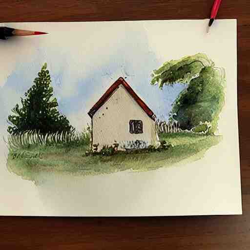 a watercolor and ink painting of a cottage, drawn on white parchment paper 