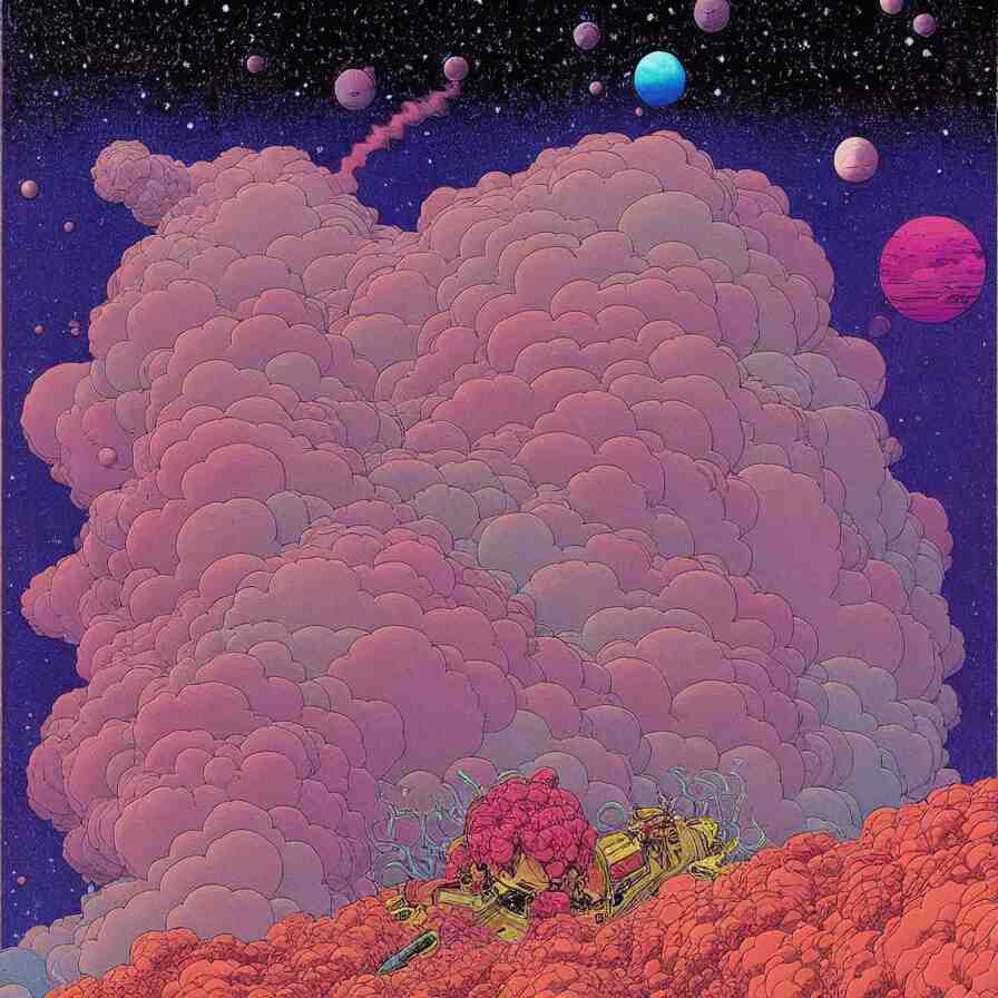 ( ( ( ( beautiful flowers and gas cloud in a strange planet ) ) ) ) by mœbius!!!!!!!!!!!!!!!!!!!!!!!!!!!, overdetailed art, colorful, artistic record jacket design 