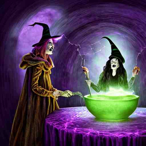 a portrait of a scary ugly witch that is brewing a wicked potion in her cauldron that is marked with magical symbol that are glowing, highly detailed, digital photo, hdri, by christopher bretz and john carpenter, vivid colors, high contrast, 8 k resolution, intricate, photorealistic, smooth, psychedelic color scheme, concept art, award winning, cg society contest winner 