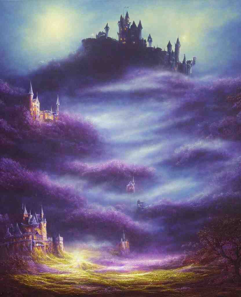 beautiful matte airbrush painting of a of a fantasy landscape with a european medieval castle made of light in the distance enveloped in trails of colorful animal ghosts floating around it, clear painting and good lighting, dark blue and intense purple color palette, mystical fog, art by gilbert williams, yoshitaka amano, high quality 