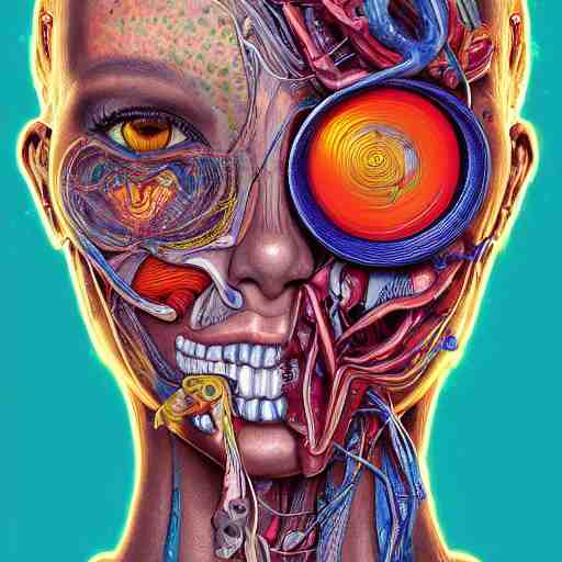 the anatomical face of a ridiculously beautiful and pretty woman partially made of onion rings of all colors looking up, an ultrafine detailed illustration by james jean, final fantasy, intricate linework, bright colors, behance contest winner, vanitas, angular, altermodern, unreal engine 5 highly rendered, global illumination, radiant light, detailed and intricate environment 