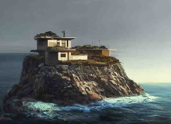 brutalist house, coastal perched on a cliff overlooking a magnificient bay, concept art oil painting by Jama Jurabaev, extremely detailed, brush hard, artstation