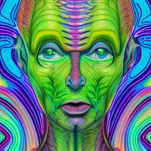 a digital painting close shot of an alien pondering into your soul, green trees in the background, alex grey, lisa frank, colorful, vibrant,