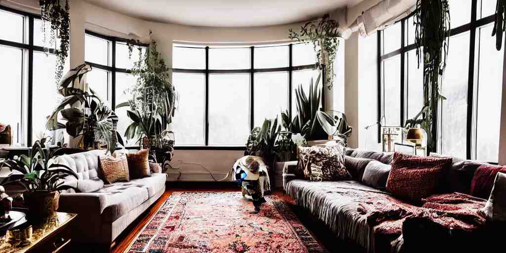 insanely detailed wide angle photograph, atmospheric, award winning interior design living room, cat, dusk, cozy and calm, fabrics and textiles, colorful accents, brass, copper, secluded, many light sources, lamps, hardwood floors, book shelf, couch, desk, balcony door, plants