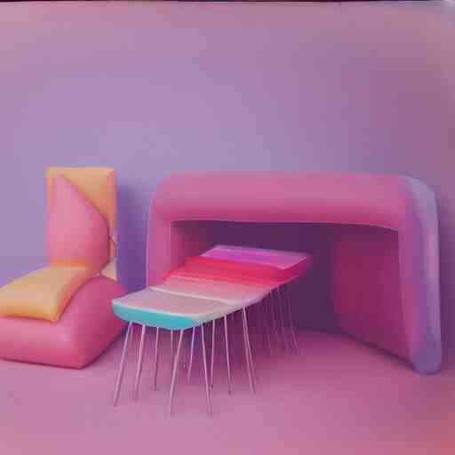 a pastel colour high fidelity Polaroid art photo from a holiday album at a pink desert with abstract inflatable parachute furniture, all objects made of transparent iridescent Perspex and metallic silver, no people, iridescence, nostalgic