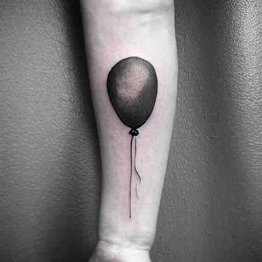 a tattoo of multiple small balloons floating up, tattoo art, black and white tattoo,