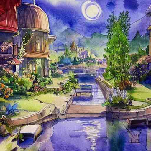 Beautiful happy picturesque charming sci-fi town in harmony with nature. Beautiful light. Water and plants. Nice colour scheme, soft warm colour. Beautiful detailed artistic watercolor by Vincent. (2022)