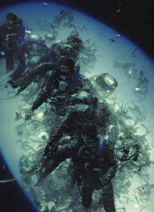 astronauts divers in dark void underwater - complex and hyperdetailed technical suit design. reflection and dispersion materials. rays and dispersion of light. volumetric light. f / 3 2. noise film photo. flash photography. ultra realistic, 5 0 mm. poster by wayne barlowe, hajime sorayama aaron horkey, craig mullins 