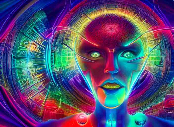 trasnformation into transcendence into collaborative intelligence, endless collaboration with ai, connectedness, body, by alex grey, album cover, award winning, beautiful, colorful, volumetric lighting, trending on artstation, cinematic 