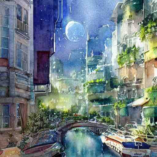 Beautiful happy picturesque charming sci-fi town in harmony with nature. Beautiful light. Water and plants. Nice colour scheme, soft warm colour. Beautiful detailed artistic watercolor by Vincent Bons. (2022)