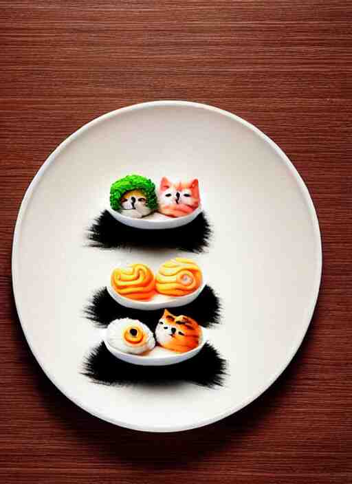 clear surrealist painting of tiny adorable cats made from sushi rice, sitting on sushi plates with sushi, garnish, wasabi and soy sauce 