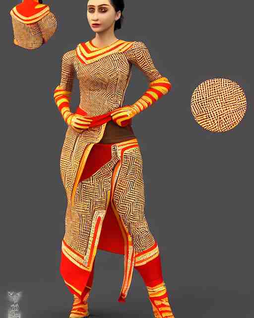 marvelous designer 3d render Assamese bihu mekhela sador pattern gamosa style fashion costume design, D&D futuristic retrofuturistic-sci-fi dynamic, modern stylish glamour body hugging cosplay, highly inventive pattern cutting, cgsociety, unreal engine 8k