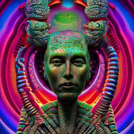 a surreal portrait statue of elon musk as a psychedelic tiki reptile stone god figure by naoto hattori, android jones, and chris dyer, deep bold colors, galactic dmt entity, depth of field, intricate beautiful painting, billions of details, octane render, portal, 8 k, detailed vector, trending on artstation, cgisociety 