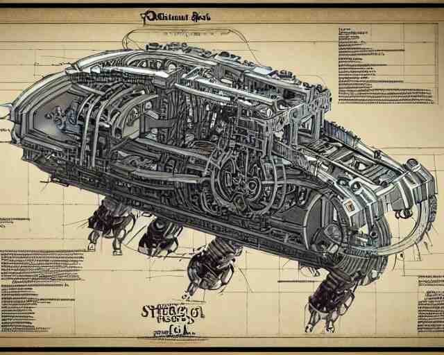 a full page of a mechanical blueprint showing a design for a mechanized sloth from howl's moving castle ( 2 0 0 4 ), with a big head, muted colors, post grunge, studio ghibli, hq, 