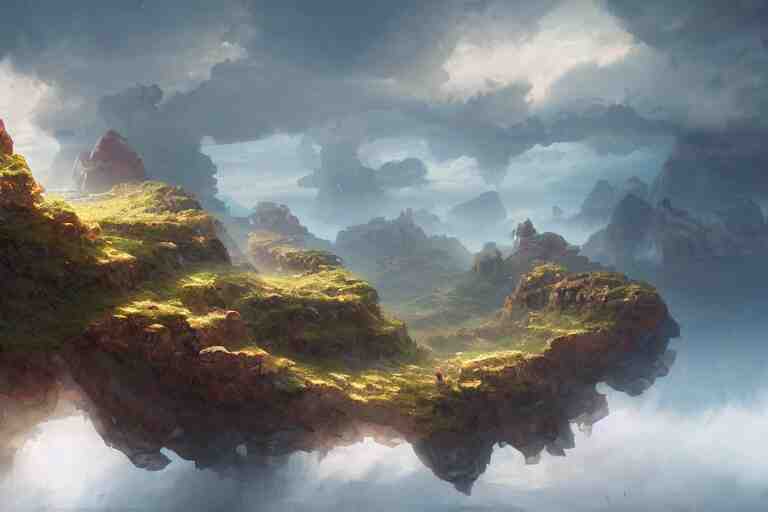 an island in the clouds, concept art, highly detailed, artstation, trending, widescreen resolution, feng zhu, shaddy safadi, noah bradley, tyler edlin, jordan grimmer, darek zabrocki, neil blevins, tuomas korpi 