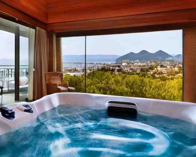 a luxury hotel room with a beautiful view from the balcony, and a hot tub inside. 