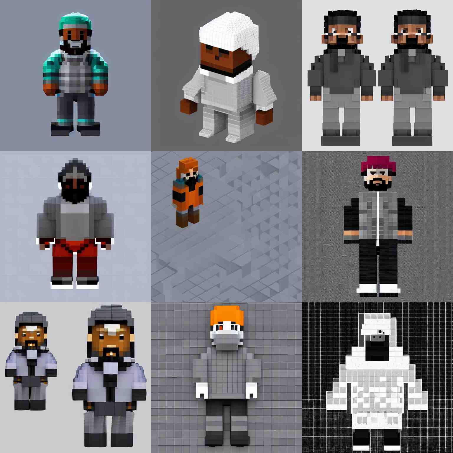 a fullbody voxel isometric sprite of a 🧔🏿 wearing a gray do rag and a black winter puffer coat, assets, urban music studio, 8 bit, 