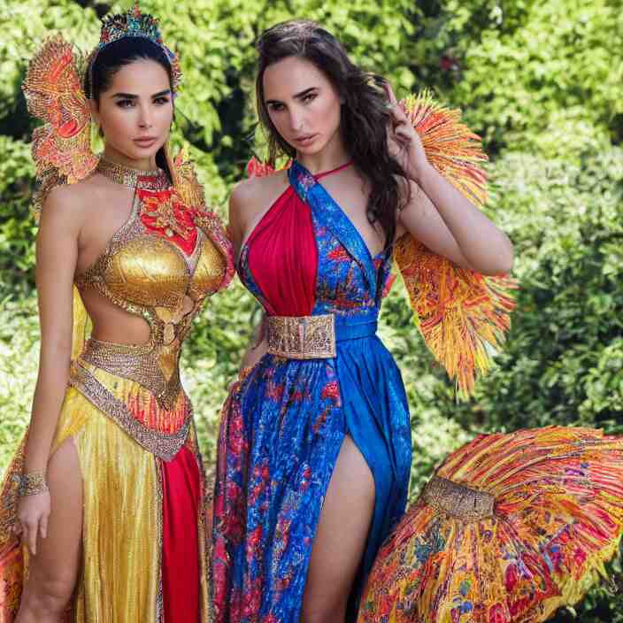 portrait of demi rose and gal gadot wearing southeast asian traditional dress, by charlotte grimm, natural light, detailed face, canon eos c 3 0 0, ƒ 1. 8, 3 5 mm, 8 k, medium - format print 