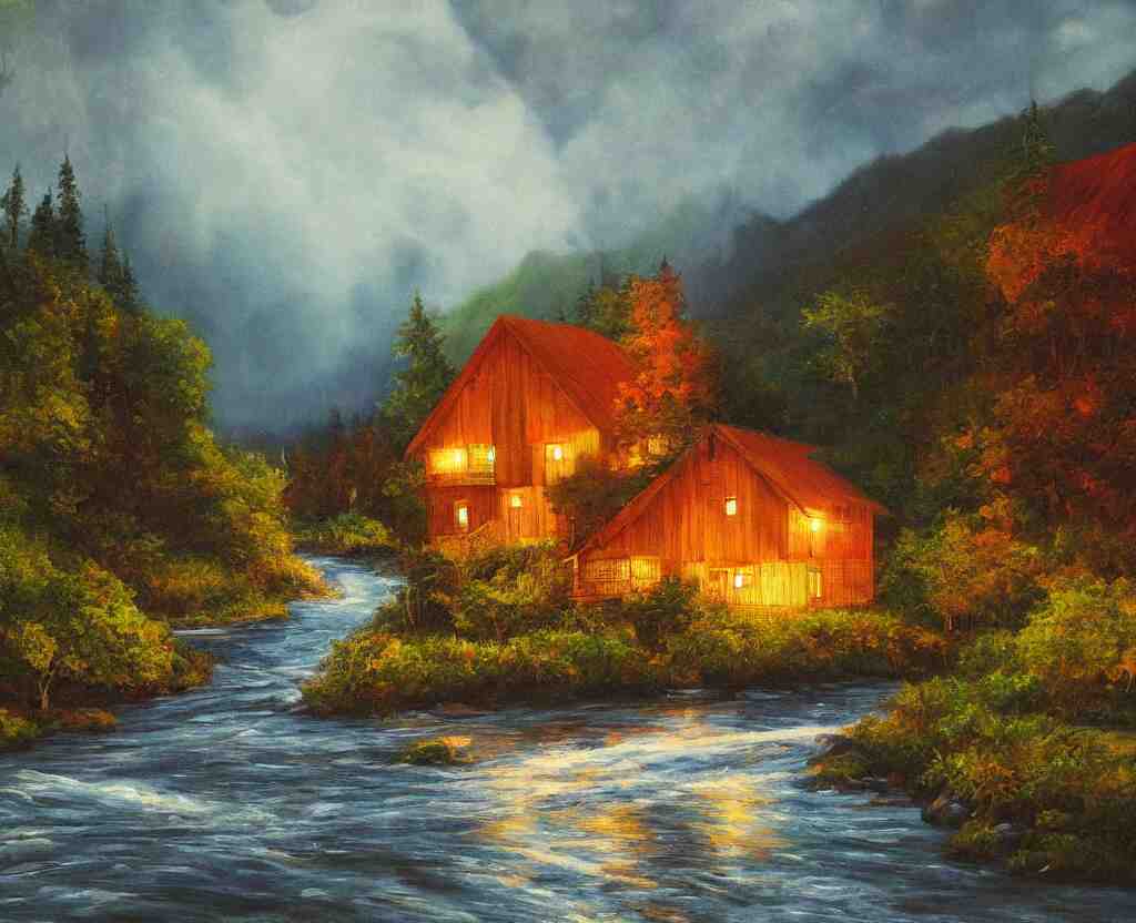 a river running past a cozy cabin in mountain side, night, heavy rain, colorful, classic painting, award winning, highly detailed 