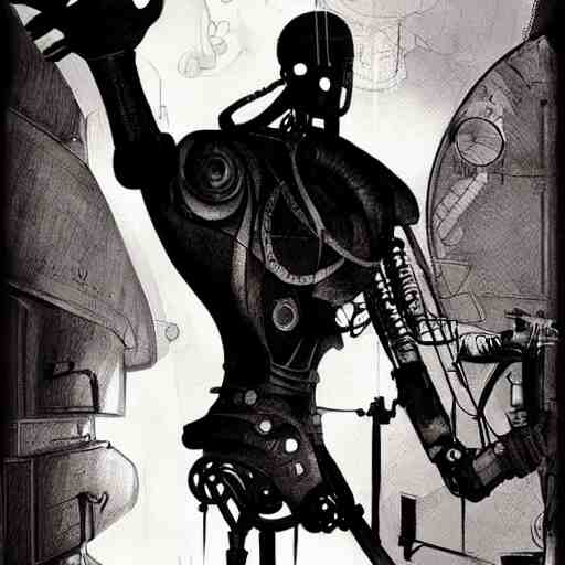 ccyborg man, thin, short hair, small scar on the chin, a robotic arm and big shoes, sophisticated clothing with some steampunk elements, gesture dynamic, organic, appealing, book cover, deep shadows, by Dave McKean sketch lineart for character design