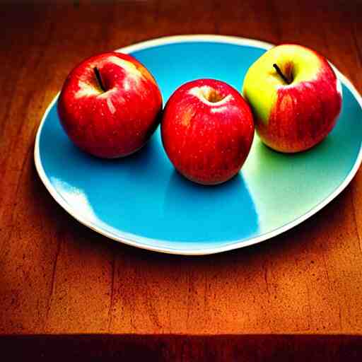 a wide angle side view realistic photo of only 3 apples on a colorful plate, award winning, food photography, by ansel adams 