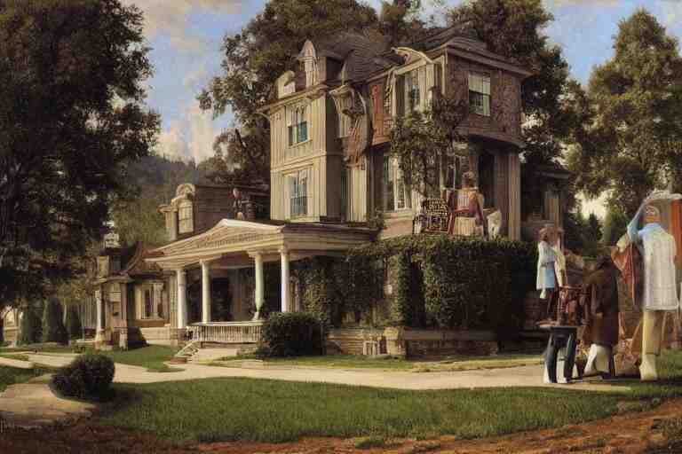 a small house and a mansion. they are divided by a wall of money by rockwell 