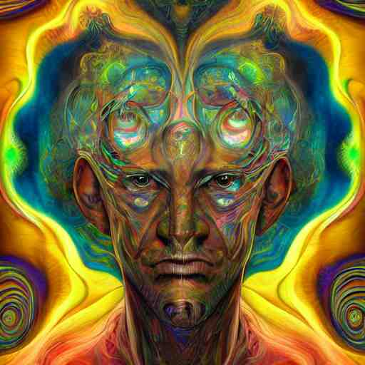 a digital painting of a man's face, digital art by android jones and amanda sage, behance contest winner, psychedelic art, biomorphic, rendering in intricate poster art, tarot card lovecraftian, outlined art 