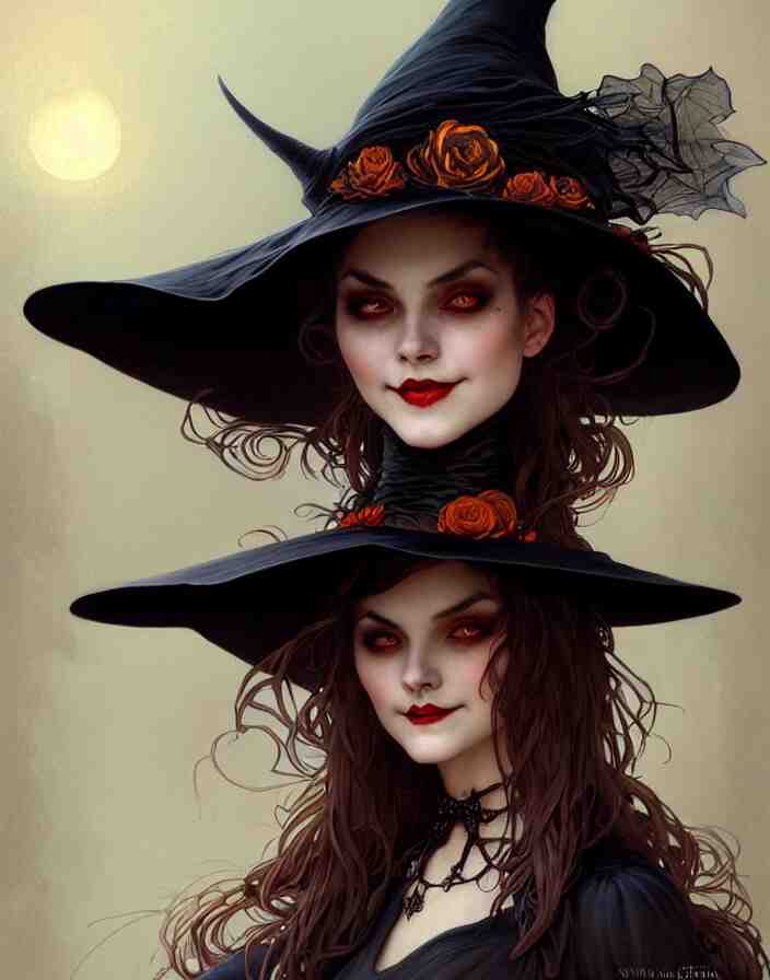 halloween witch woman in a hat smiles, fantasy magic, undercut hairstyle, dark light night, intricate, elegant, sharp focus, illustration, highly detailed, digital painting, concept art, matte, art by wlop and artgerm and greg rutkowski and alphonse mucha, masterpiece 