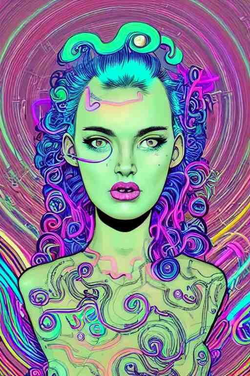 a award winning portrait of a beautiful woman with stunning eyes in a one off shoulder croptop and cargo pants with rainbow colored hair, outlined by whirling illuminated neon lines and fine lines swirling in circles by joe fenton, digital art, trending on artstation 