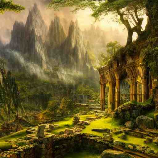 a beautiful and highly detailed epic oil painting of an elven city in the mountains, lush valley, beautiful trees, ancient stone runes, intricate details, epic scale, insanely complex, 8 k, sharp focus, hyperrealism, fantasy landscape, psychedelic, by caspar friedrich, brian froud, albert bierstadt, 