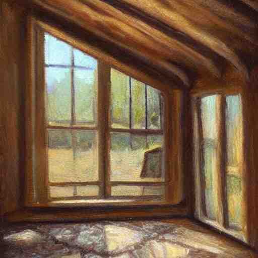 oil painting of mostly empty cottage interior, one small window with sunlight shining onto the floor. artistic. cozy. wooden floor. rustic. 