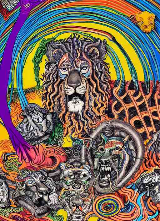 lions and tiger and bears dissolving into melted liquid braids, cubensis, aztec, basil wolverton, r crumb, hr giger, mc escher, dali, muted but vibrant colors, rainbow tubing, ribbons and folds 