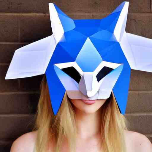 a young blue-eyed blonde woman wearing a lowpoly fox mask made of transparent glass, looking sideways seductively