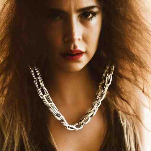 portrait of a woman, sliver chains, sliver hair, natural, light makeup, cinematic, cinematic, focus 