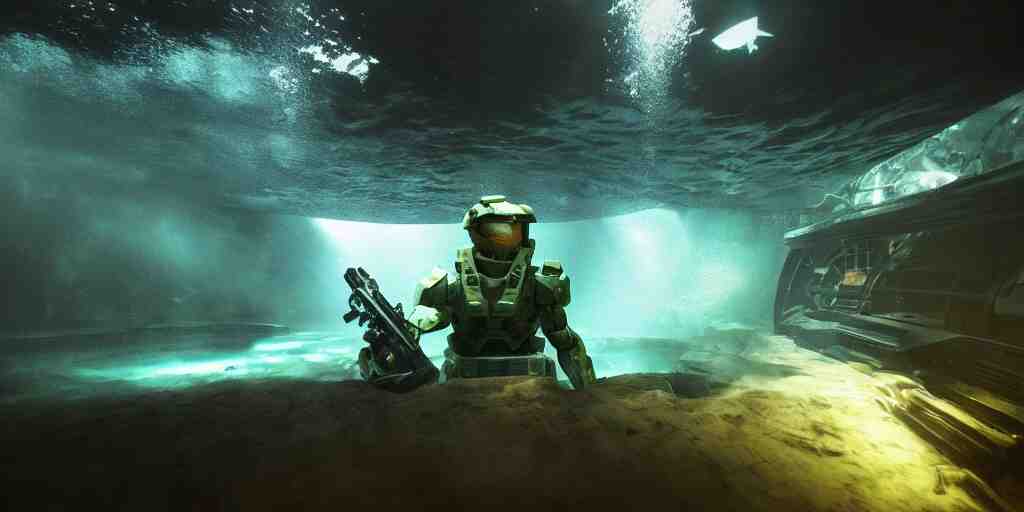 halo master cheif, under water, deep sea, dark, cinematic, small glow, wide angle, 
