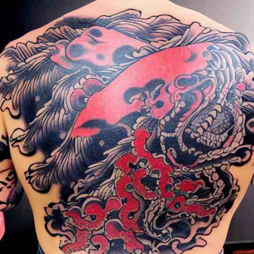 photograph of a Japanese back tattoo, colourful ink, traditional Japanese pattern depicting a werewolf, highly-detailed, beautiful, award winning, 8k