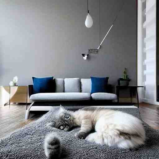 modern minimalist interior design with a fluffy kitten 