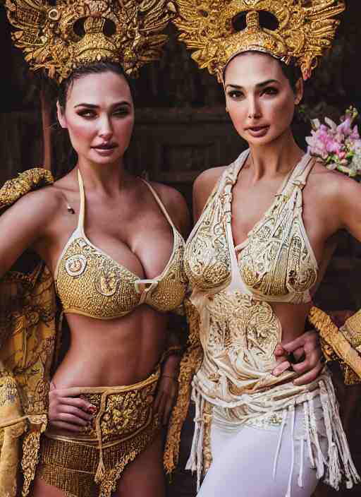 portrait of lindsey pelas and gal gadot wearing kebaya in bali temple, by charlotte grimm, natural light, detailed face, beautiful features, symmetrical, canon eos c 3 0 0, ƒ 1. 8, 3 5 mm, 8 k, medium - format print, half body shot 