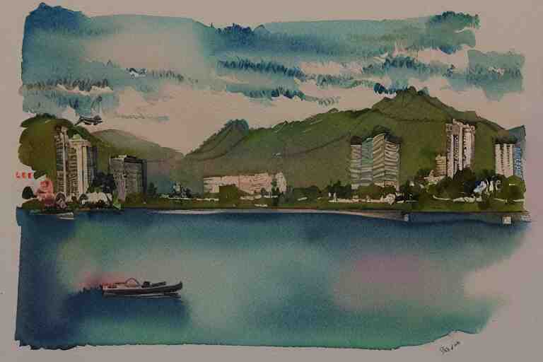 west lake summer watercolor pen light color trending on artstation 