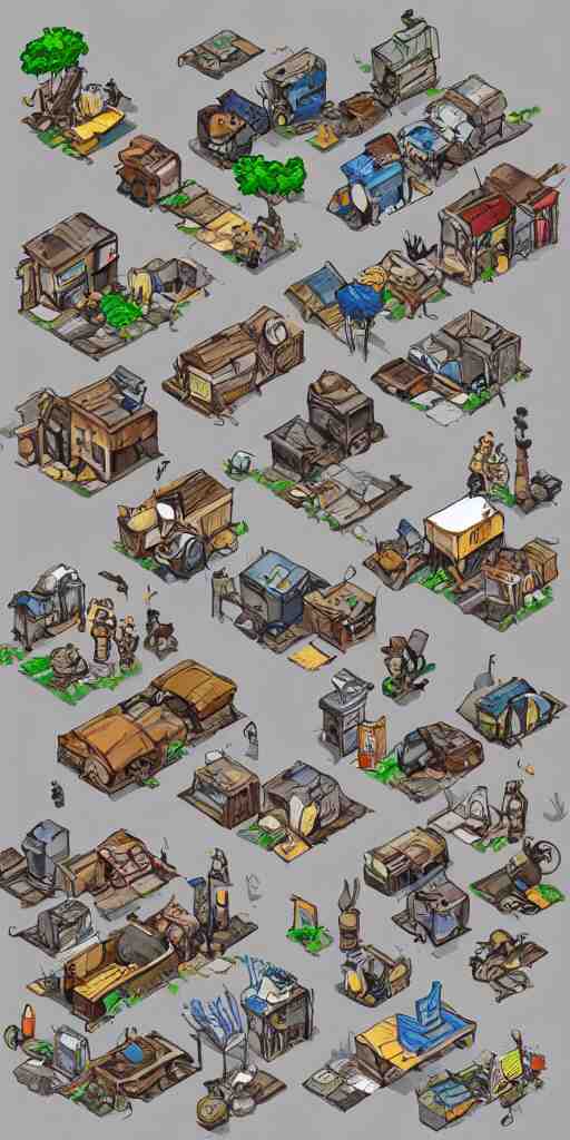 junkyard slum houses and shops. pixel art asset sheet. isometric perspective. concept art. science fiction. 